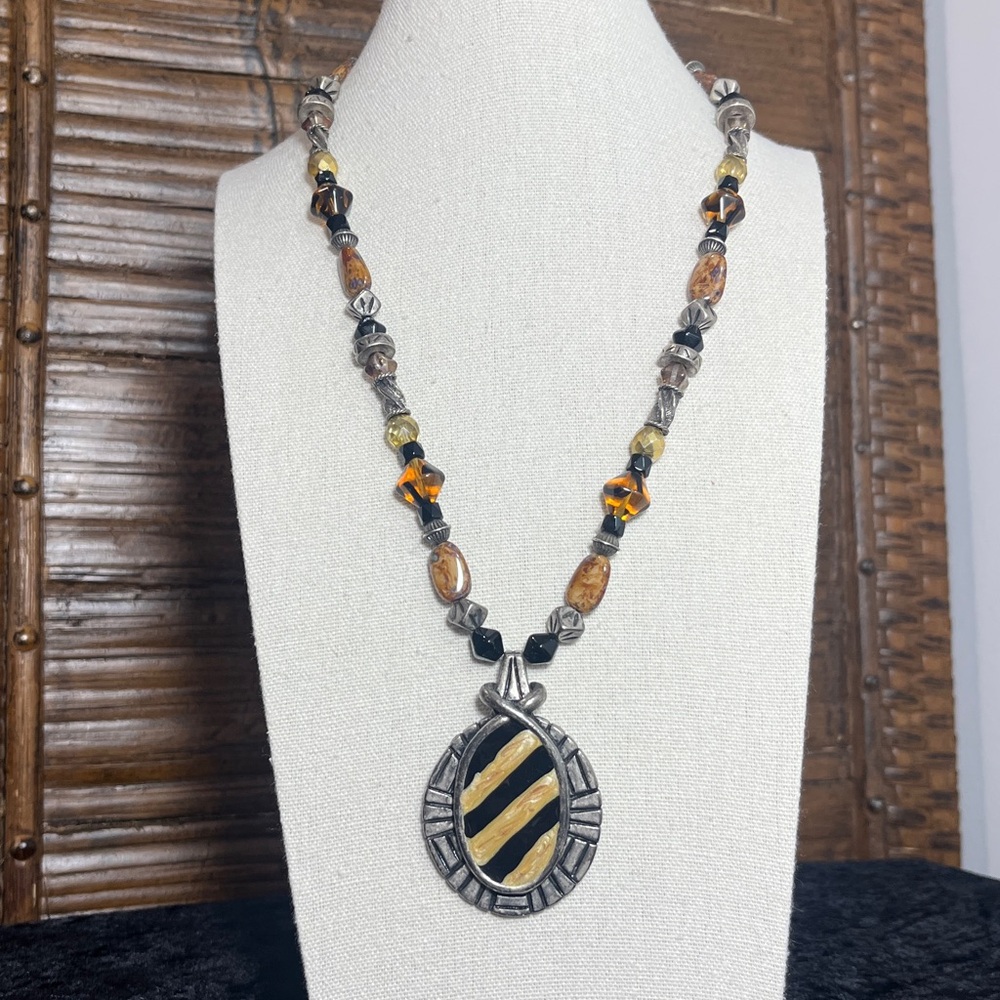Chico’s Exotic Animal Print Mixed Beaded Pendant Necklace